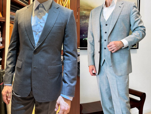 tailored travel suits comparison light grey vs charcoal