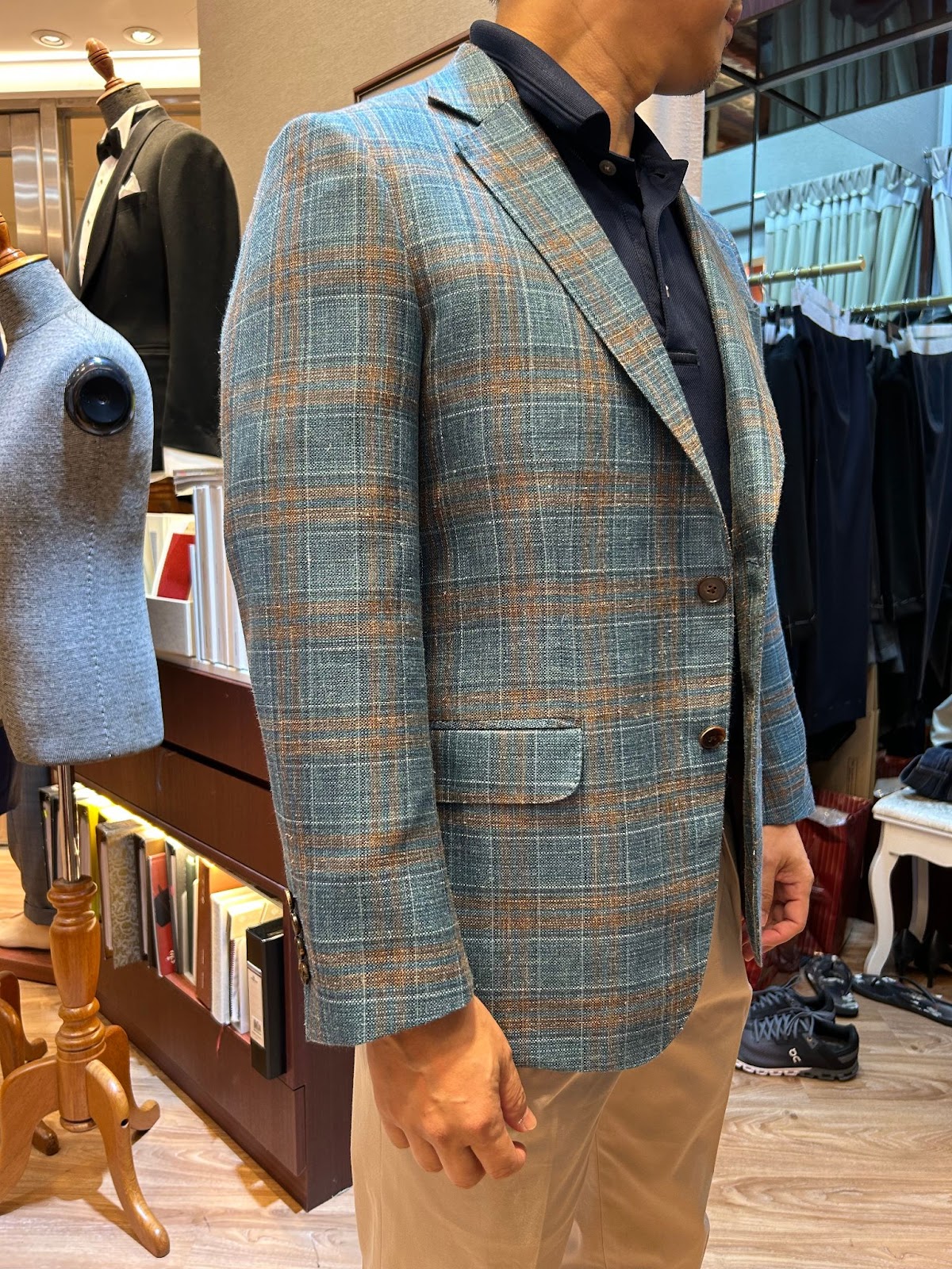 A window pane sports jacket in blue colour theme